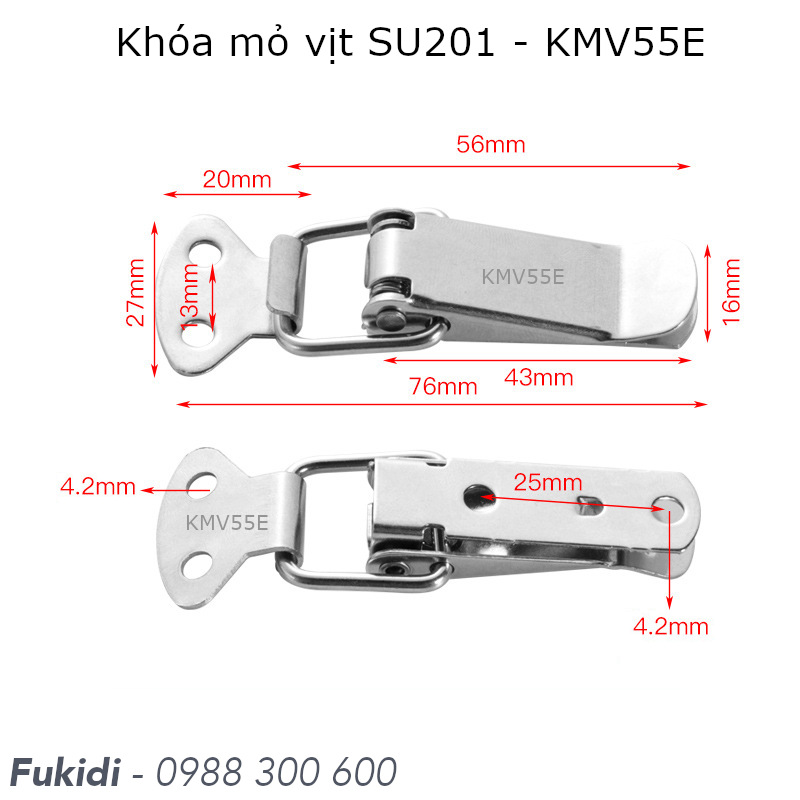 Chi tiết kích thước khóa mỏ vịt, khóa gài hộp gỗ KMV55E