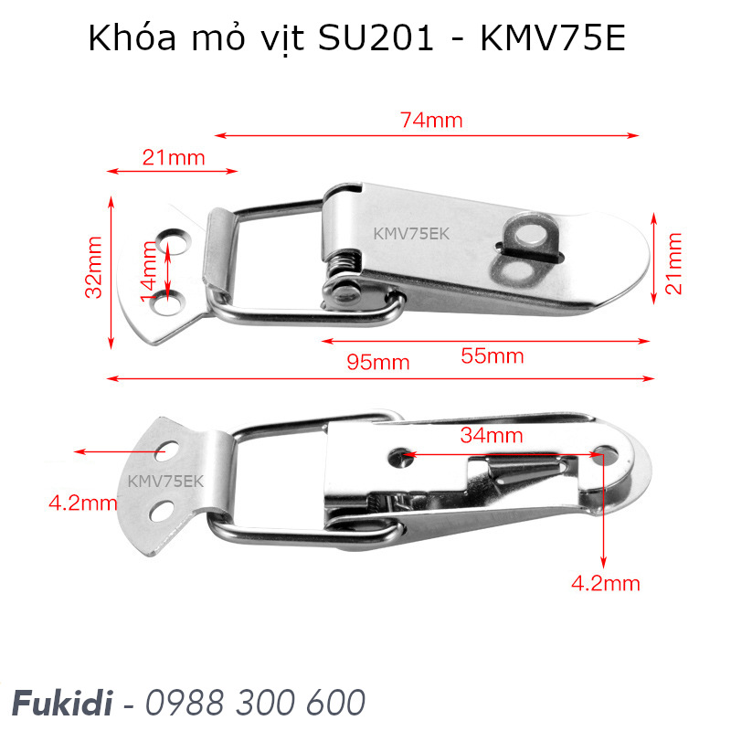 Mẫu khóa mỏ vịt củng kích thước nhưng có thêm khoen móc ỗ khóa là KMV75EK như hình dưới