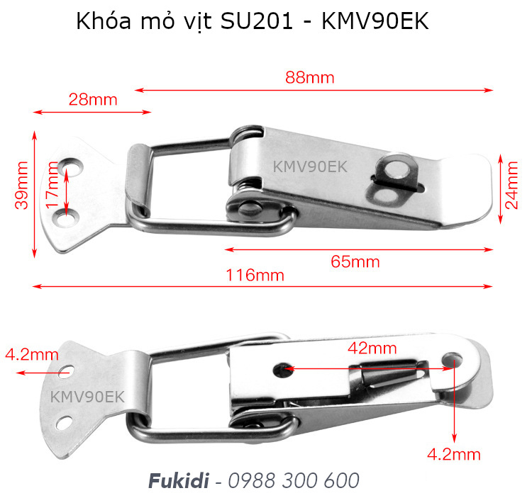Mẫu khóa mỏ vịt củng kích thước nhưng có thêm khoen móc ỗ khóa là KMV90EK như hình dưới