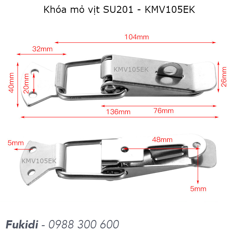 Mẫu khóa mỏ vịt củng kích thước nhưng có thêm khoen móc ỗ khóa là KMV75EK như hình dưới