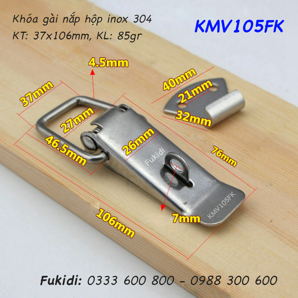 Khóa gài hộp gỗ có móc khóa, inox 304 KT 37x106mm - KMV105FK