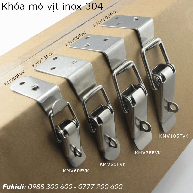 Bốn kích thước của họ khóa mỏ việt inox 304 loai móc vuông có khoen khóa