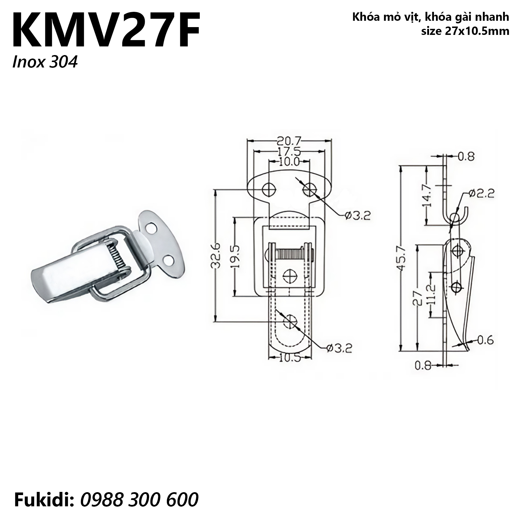 Khóa mỏ vịt, khóa gài nhanh inox 304 size 27x10.5mm - KMV27F