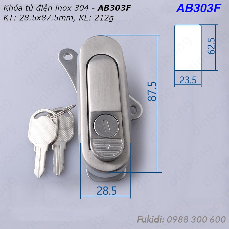 Khóa tủ điện kiểu chữ nhật inox 304, KT 28x88mm  - AB303F