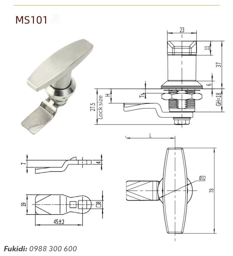 Khóa tủ điện chữ T - xoay để mở phi 22 inox 304 - MS101