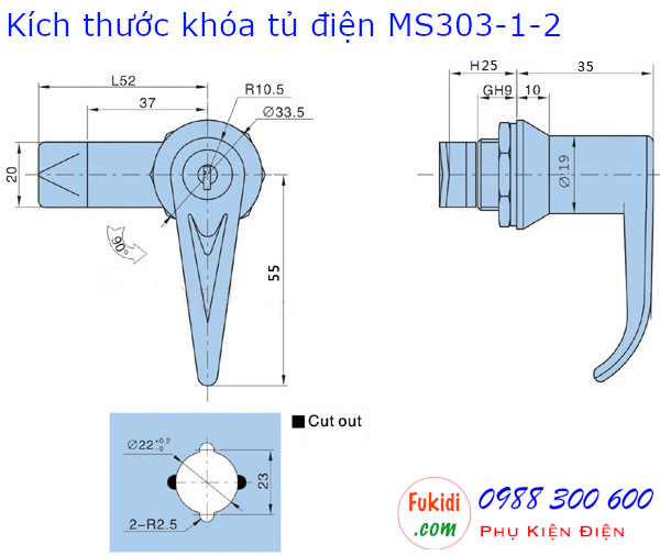 Kích thước của khóa tủ điện MS303-1-2 