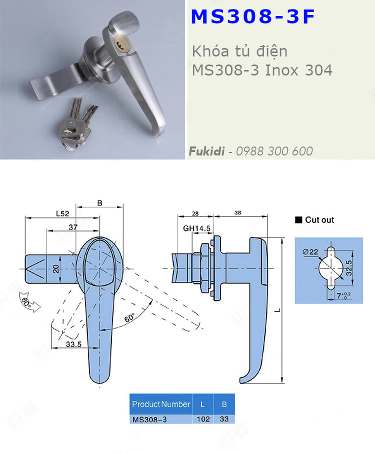 Chi tiết kích thước của khóa tủ điện inox 304 MS308-3F
