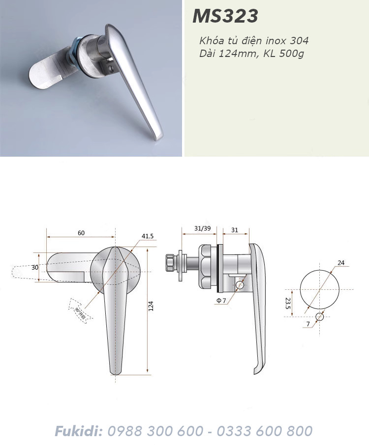 Khóa tủ điện, tay nắm cửa tủ, inox 304 dài 124mm - MS323