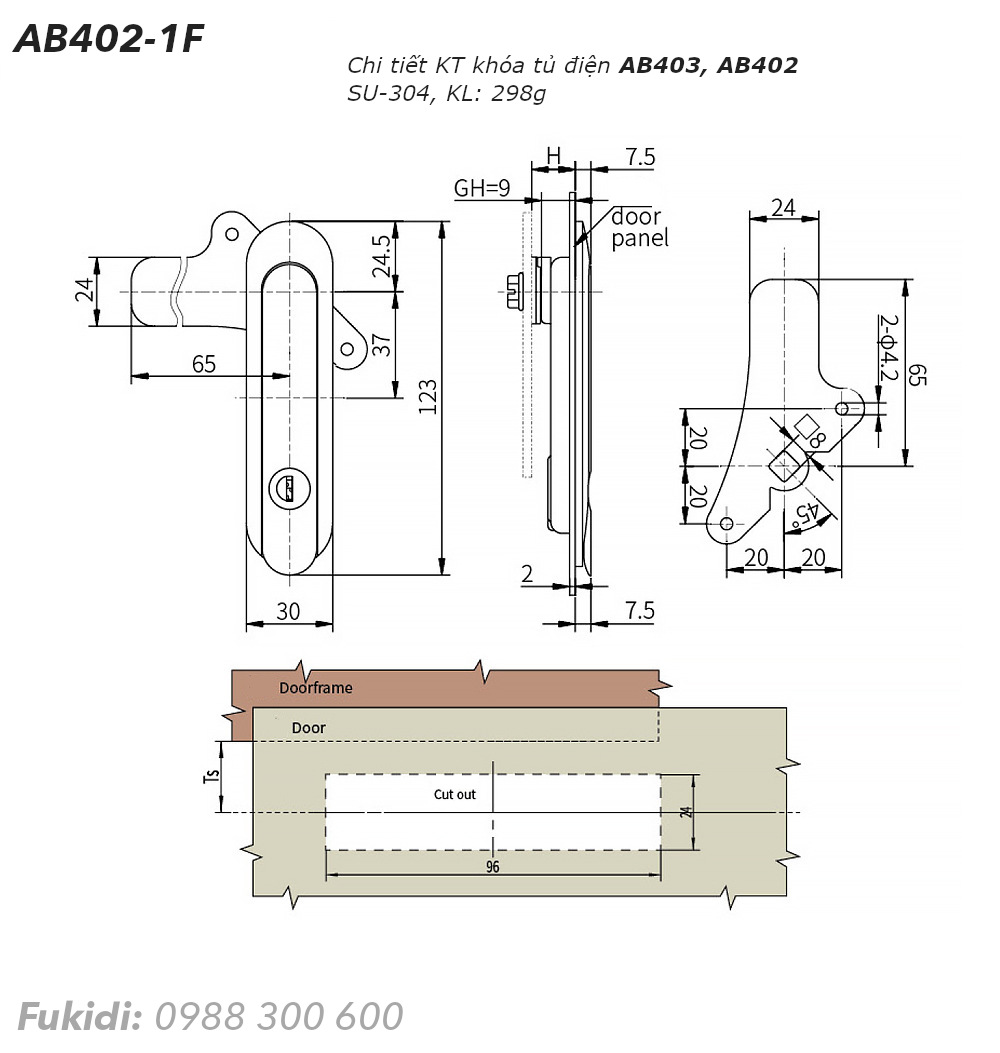 Khóa tủ điện inox 304, KT 30x123mm - AB402-1F