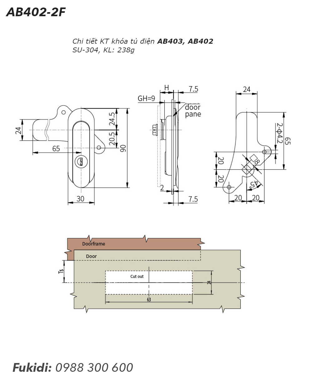 Khóa tủ điện inox 304, KT 30x90mm - AB402-2F 