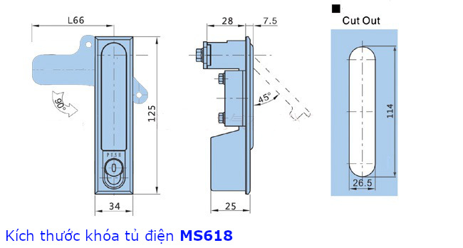 Khóa tủ điện MS618 chất liệu kẽm mặt trước 34x125mm màu trắng - MS618W