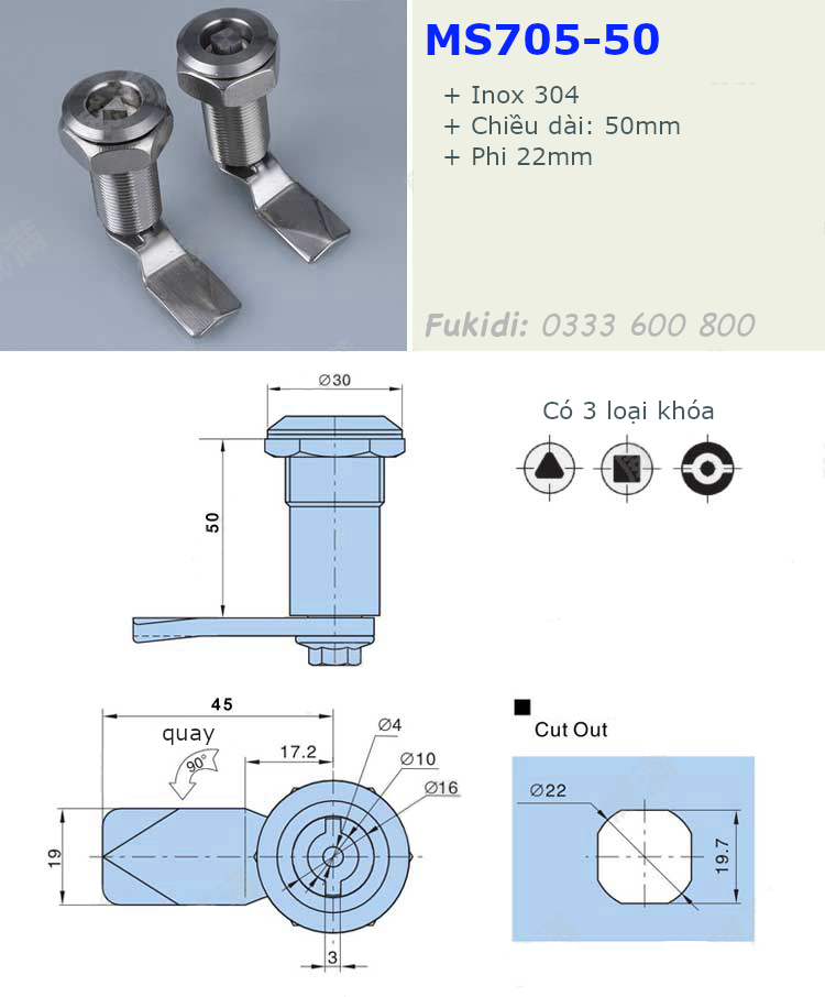 Khóa tủ điện đầu hình tròn, inox 304, phi 22, dài 50mm - MS705-50S