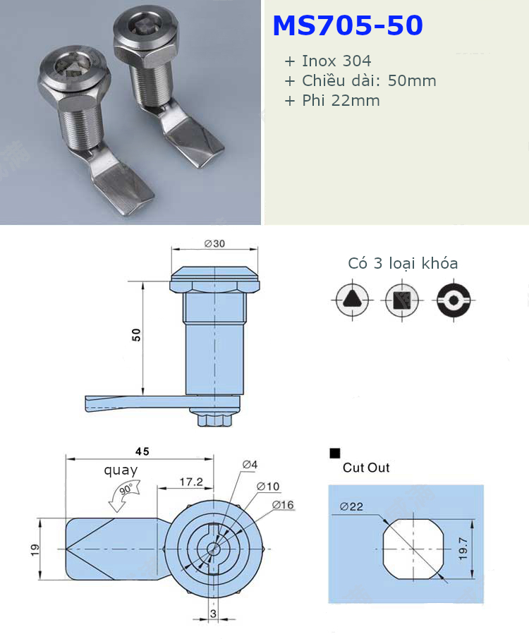 Khóa tủ điện đầu tam giác, inox 304, phi 22, dài 50mm - MS705-50T