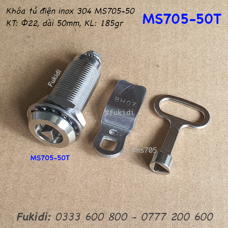 Khóa tủ điện đầu tam giác, inox 304, phi 22, dài 50mm - MS705-50T