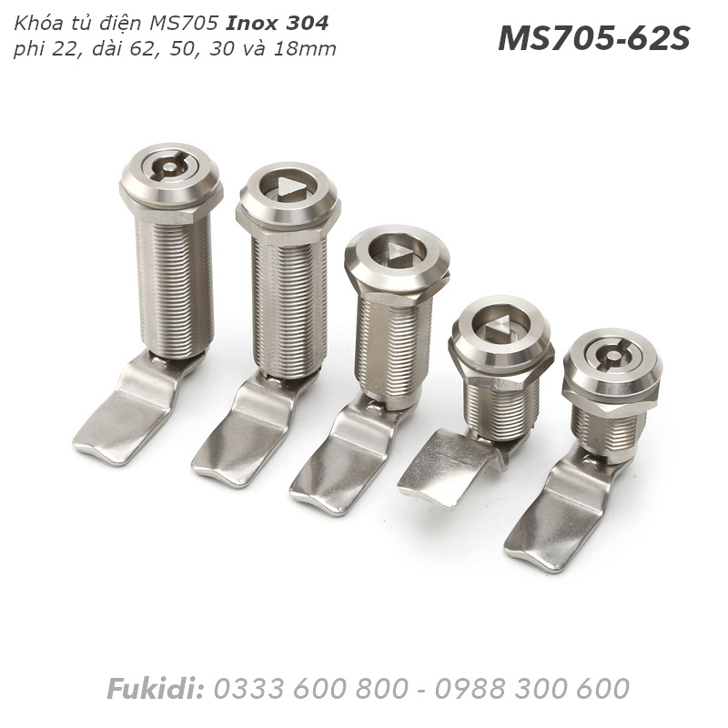 Khóa tủ điện inox 304, phi 22 dài 62mm đầu vuông - MS705-62V