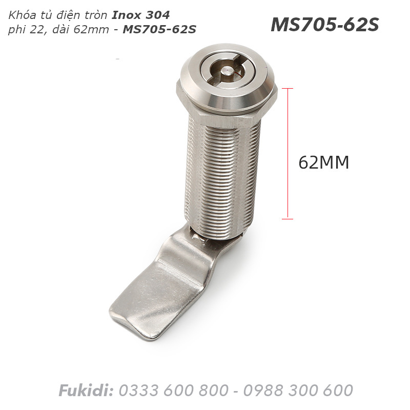 Khóa tủ điện inox 304, phi 22 dài 62mm đầu tròn - MS705-62S