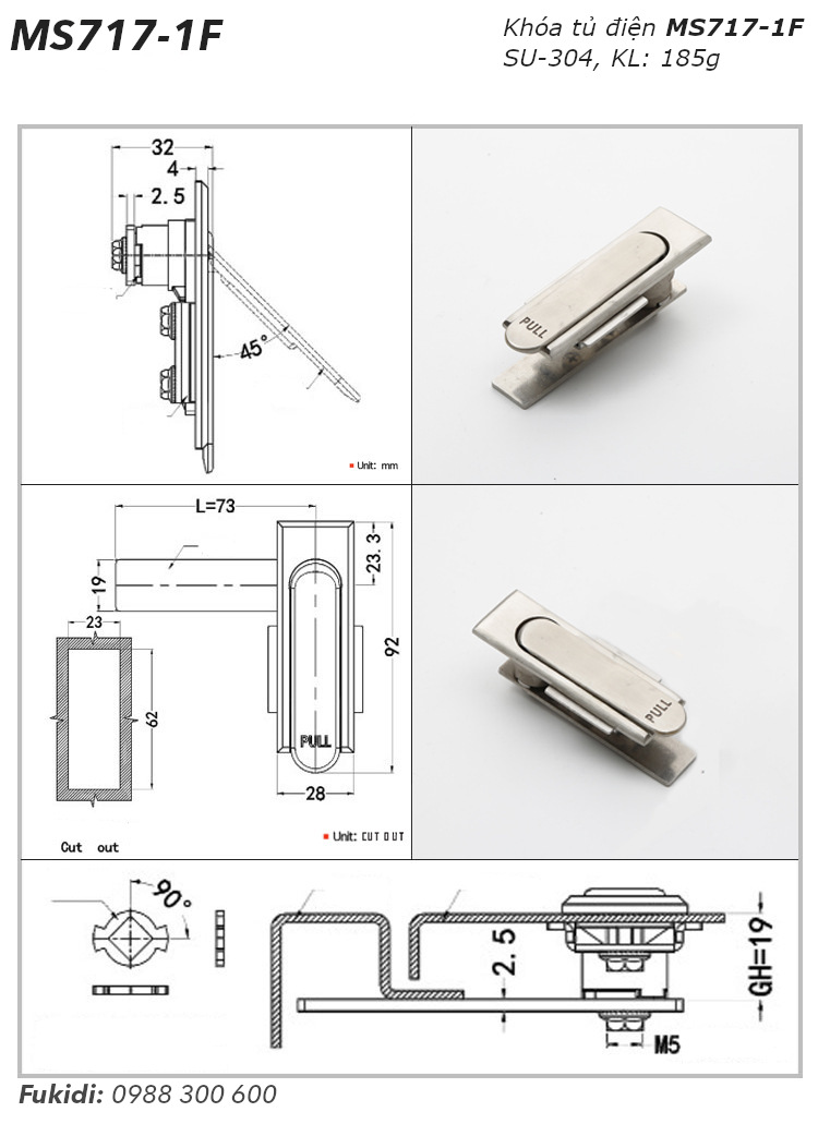 Khóa tủ điện MS717 inox 304, KT 92x28mm - MS717-1F