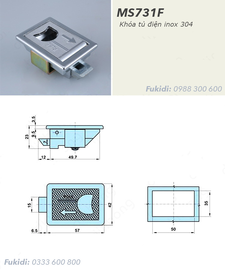 Khóa tủ điện chữ nhật inox 304 KT 42x57mm - MS731F