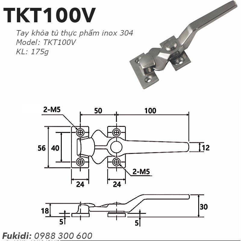 Tay khóa xoay tủ thực phẩm công nghiệp inox 304 dài 54x100mm - TKT100V