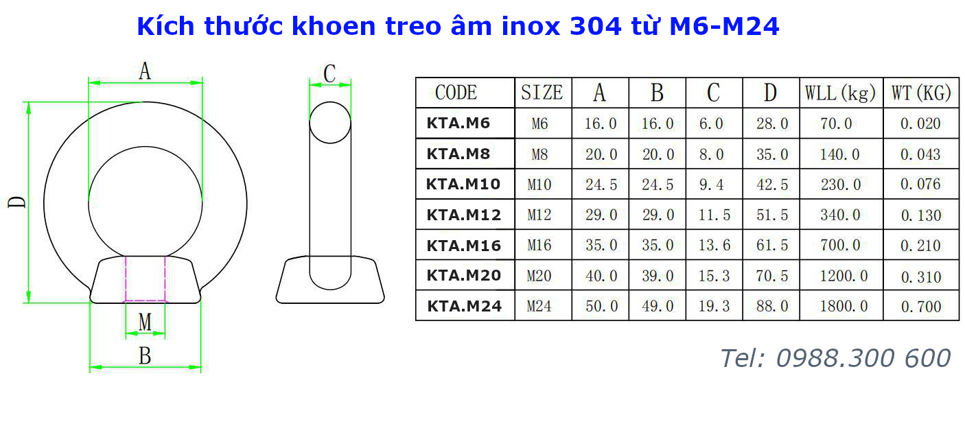 Khoen treo âm inox 304 size M8 - KTA.M8