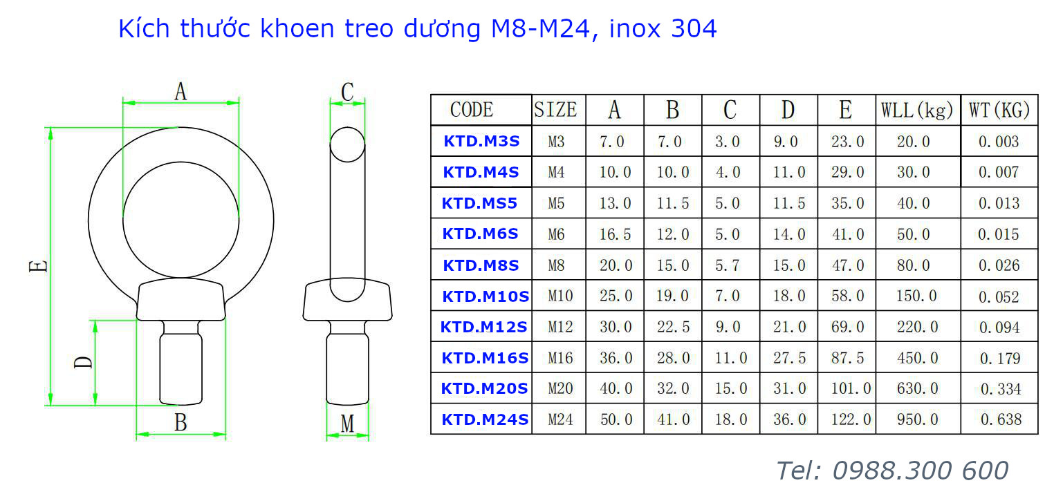 Khoen treo dương M8 inox 304, đường kính trong 20mm, ren 15mm - KTD.M8S