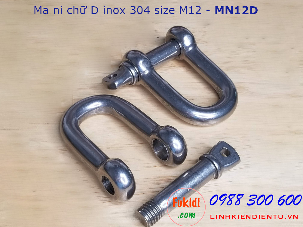 Ma ní inox hình chữ D M12, kiểu ren vặn, dùng nối dây xích - MN12D