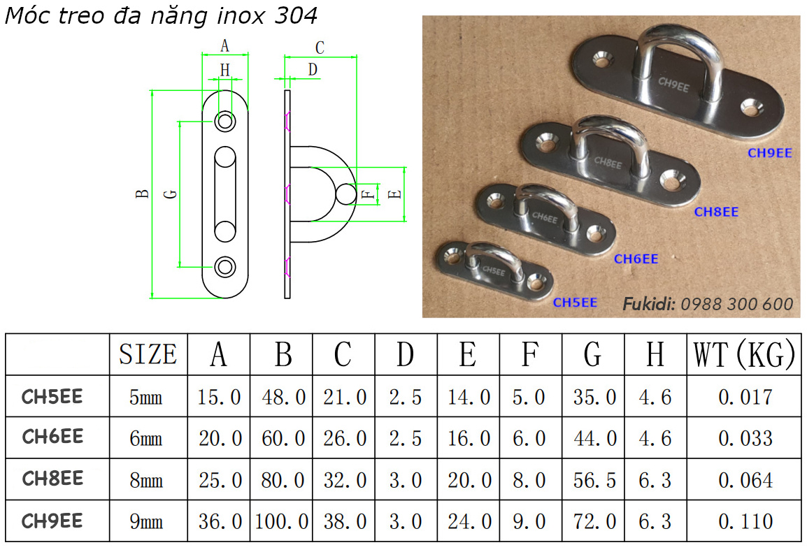 Móc treo ghế đu, xích đu, treo quạt trần inox 316 M6 - CH6EE