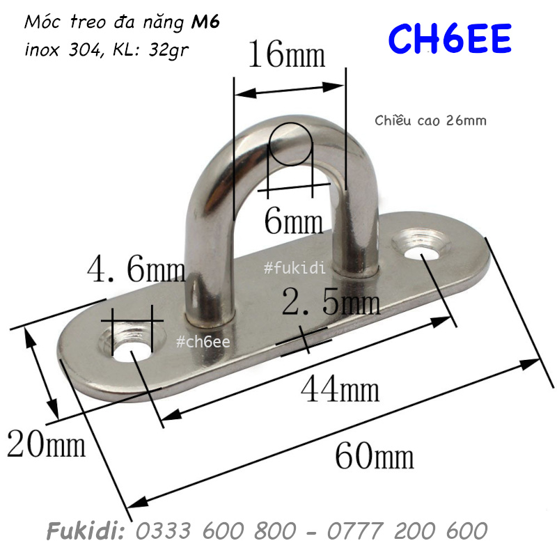 Móc treo ghế đu, xích đu, treo quạt trần inox 316 M6 - CH6EE