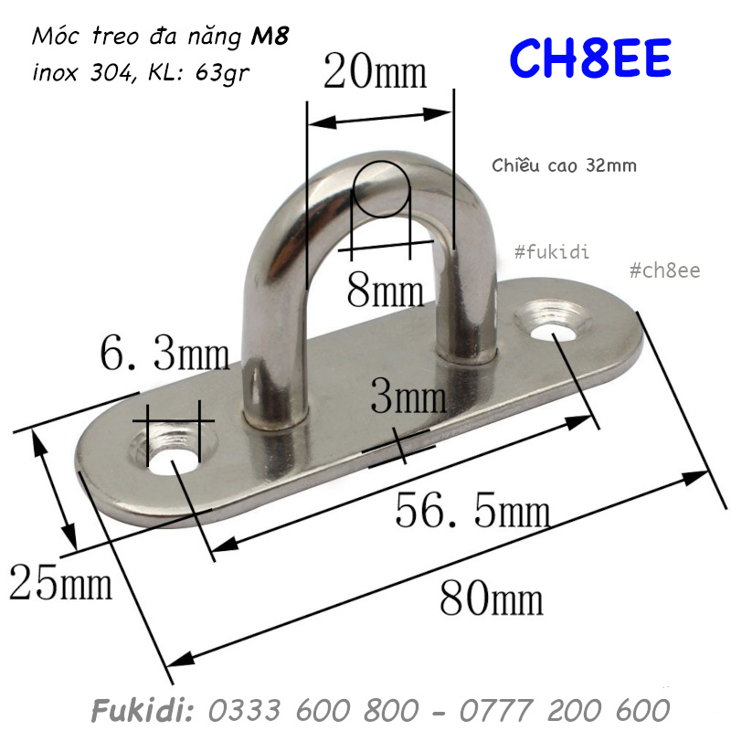 Móc treo ghế đu, xích đu, treo quạt trần  inox 316 M8 - CH8EE