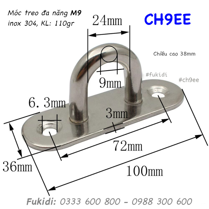 Móc treo quạt trần, treo xích đu, treo ghế đu, treo võng, inox 304 - CH9EE