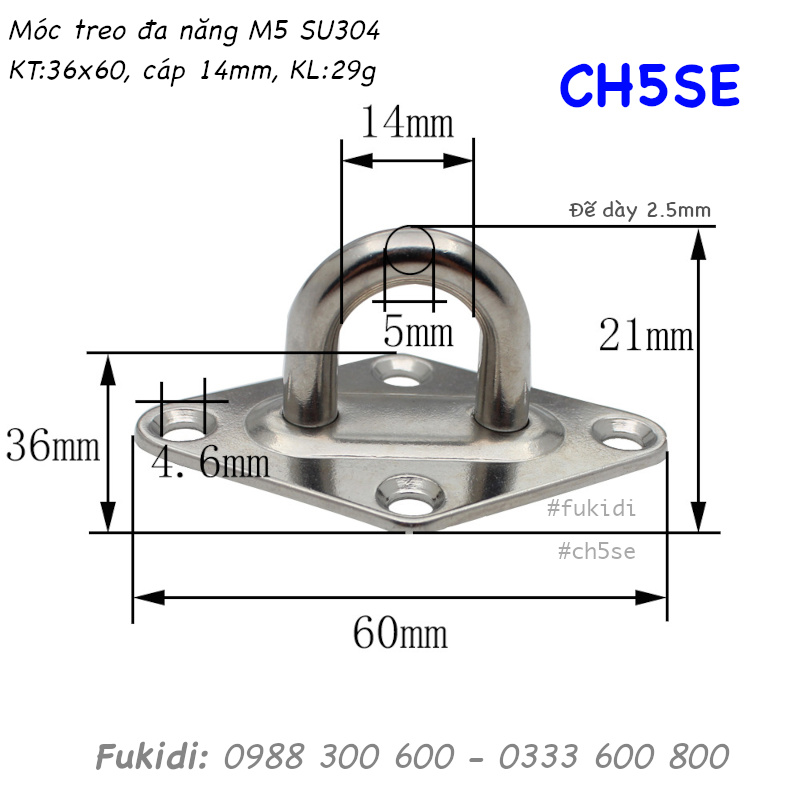 Móc treo đa năng inox 304, treo lên trần nhà, KT 36x60mm, cáp 14mm  - CH5SE