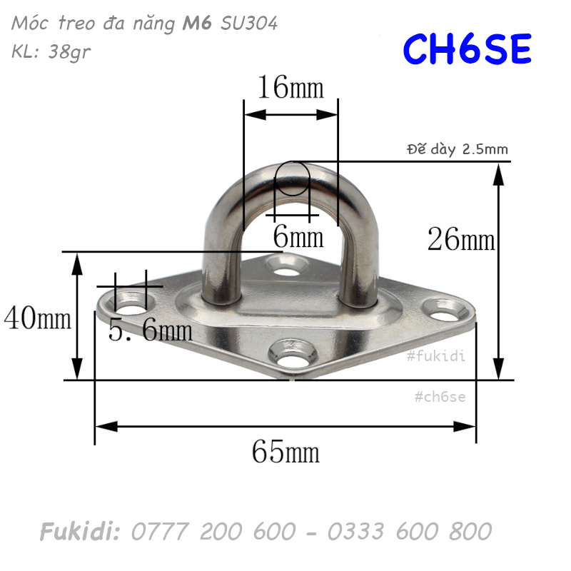 Móc treo lên trần nhà, móc treo đa năng inox 304, KT 40x60, cáp 16mm - CH6SE