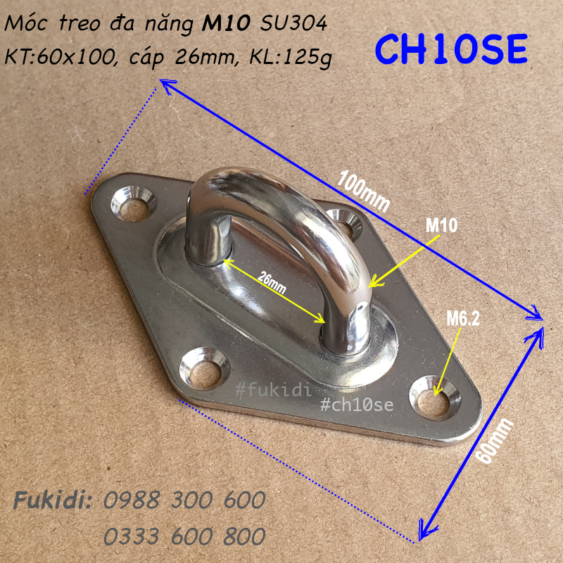 Móc treo đa năng inox 304, treo lên trần nhà, KT 60x100mm, treo cáp phi 26mm - CH10SE