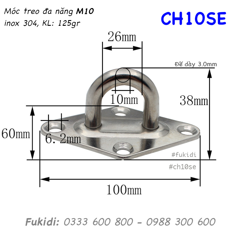 Móc treo đa năng inox 304, treo lên trần nhà, KT 60x100mm, treo cáp phi 26mm - CH10SE