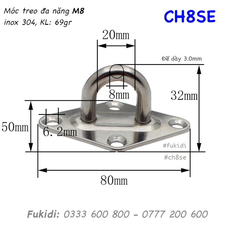 Móc treo đa năng, treo lên trần nhà, inox 304, KT 50x80mm - CH8SE