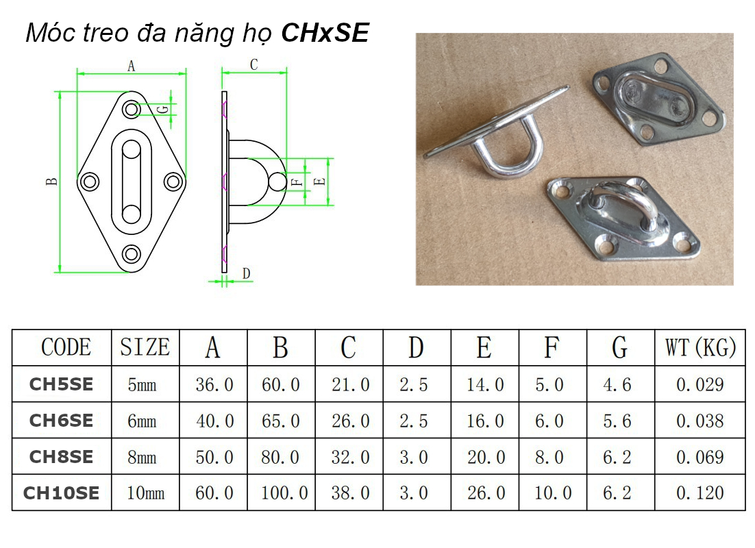 Móc treo đa năng, treo lên trần nhà, inox 304, KT 50x80mm - CH8SE