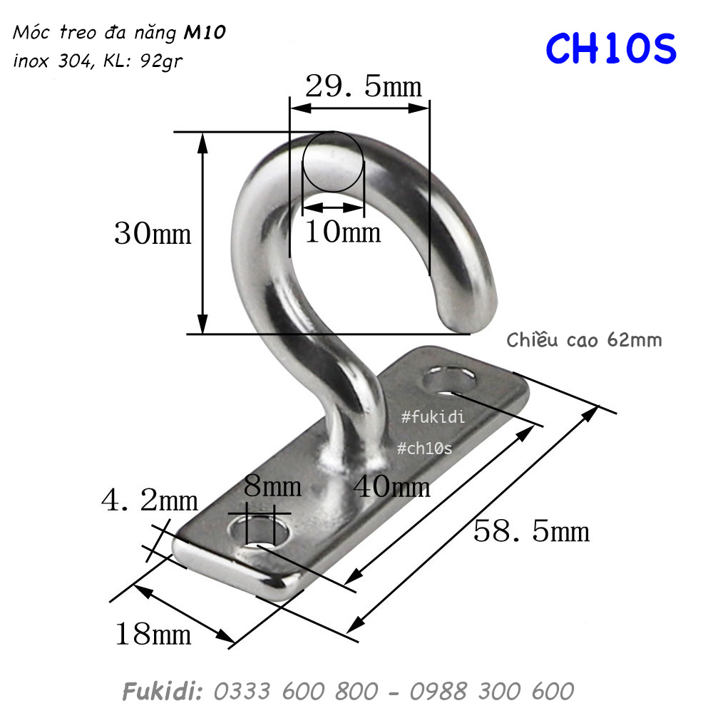 Móc dấu hỏi inox 304 treo trần nhà đa năng M10 - CH10S