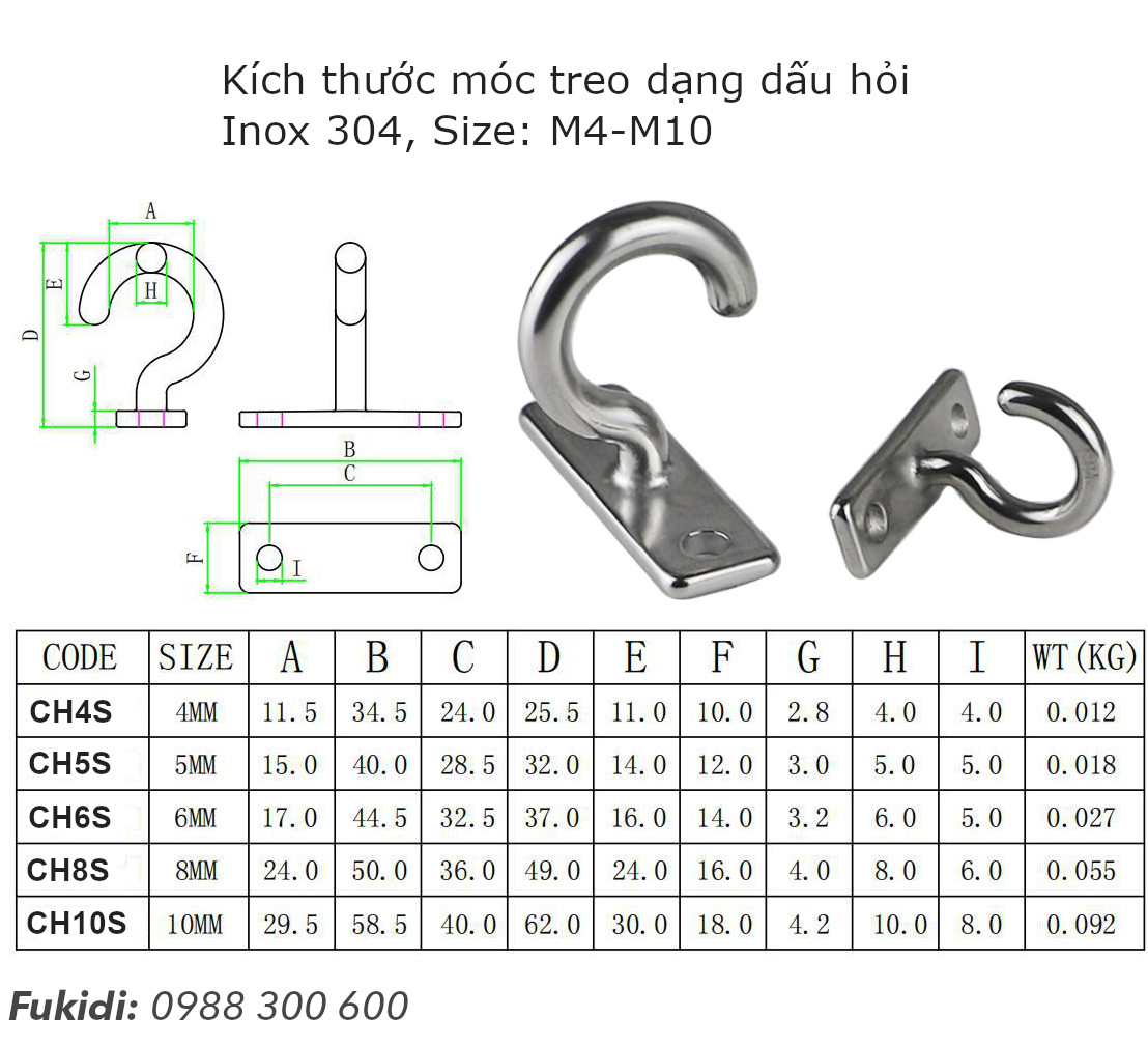 Móc dấu hỏi inox 304 treo trần nhà đa năng M8 - CH8S