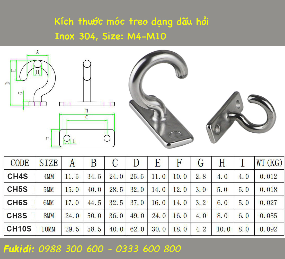 Móc dấu hỏi inox 304 treo trần nhà đa năng M10 - CH10S