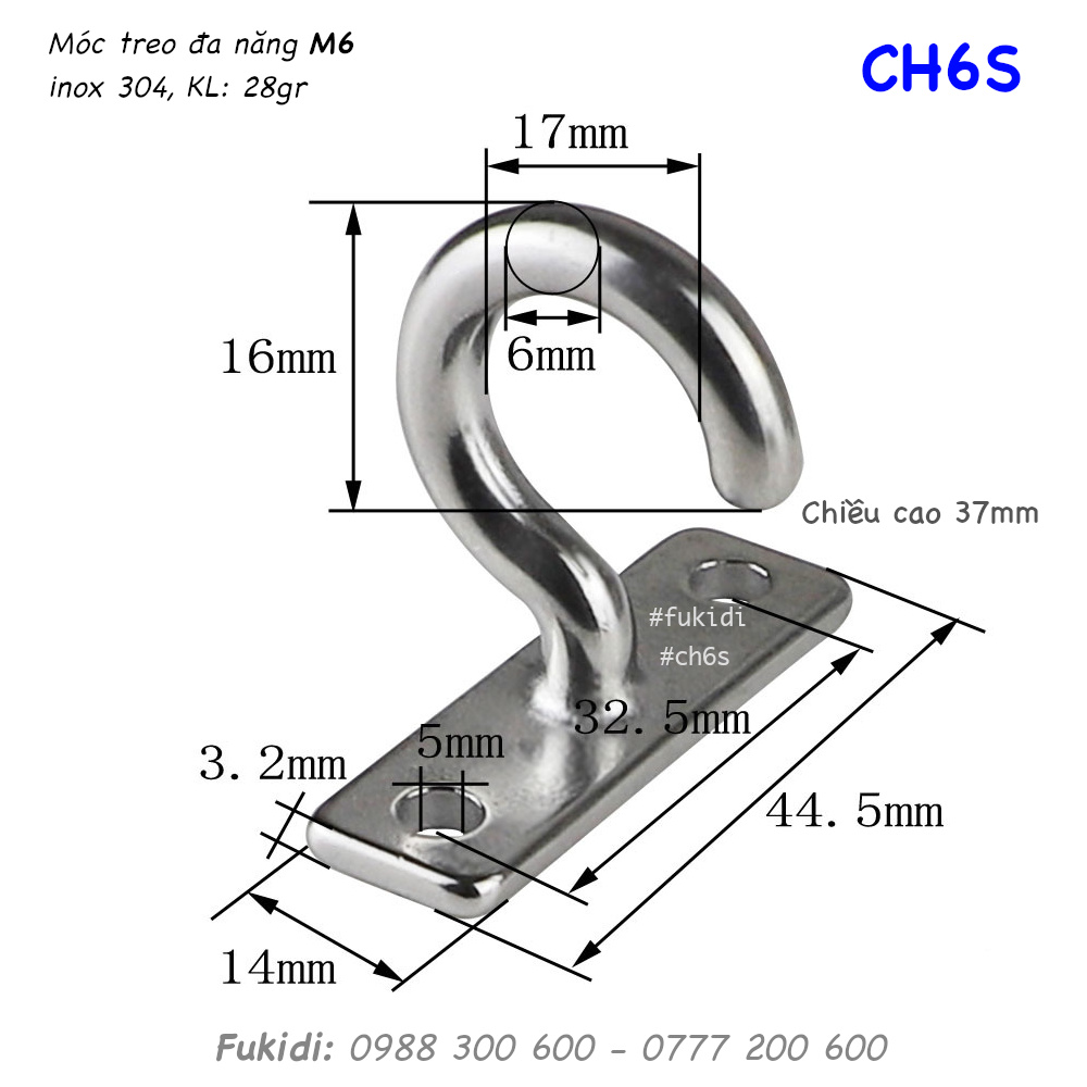 Móc treo inox 304 đa năng dạng dấu hỏi treo trần nhà M6 - CH6S