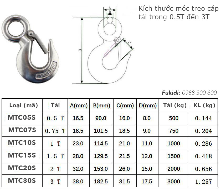 Móc treo cáp, inox 304, dài 114mm, tải trọng 1000kg - MTC10S