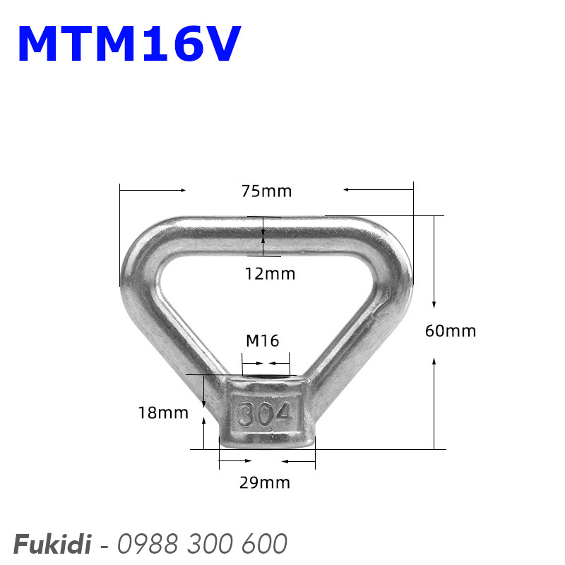 Chi tiết kích thước móc treo ren âm M16, hình tam giác, inox 304, tải trọng 380kg - MTM16V