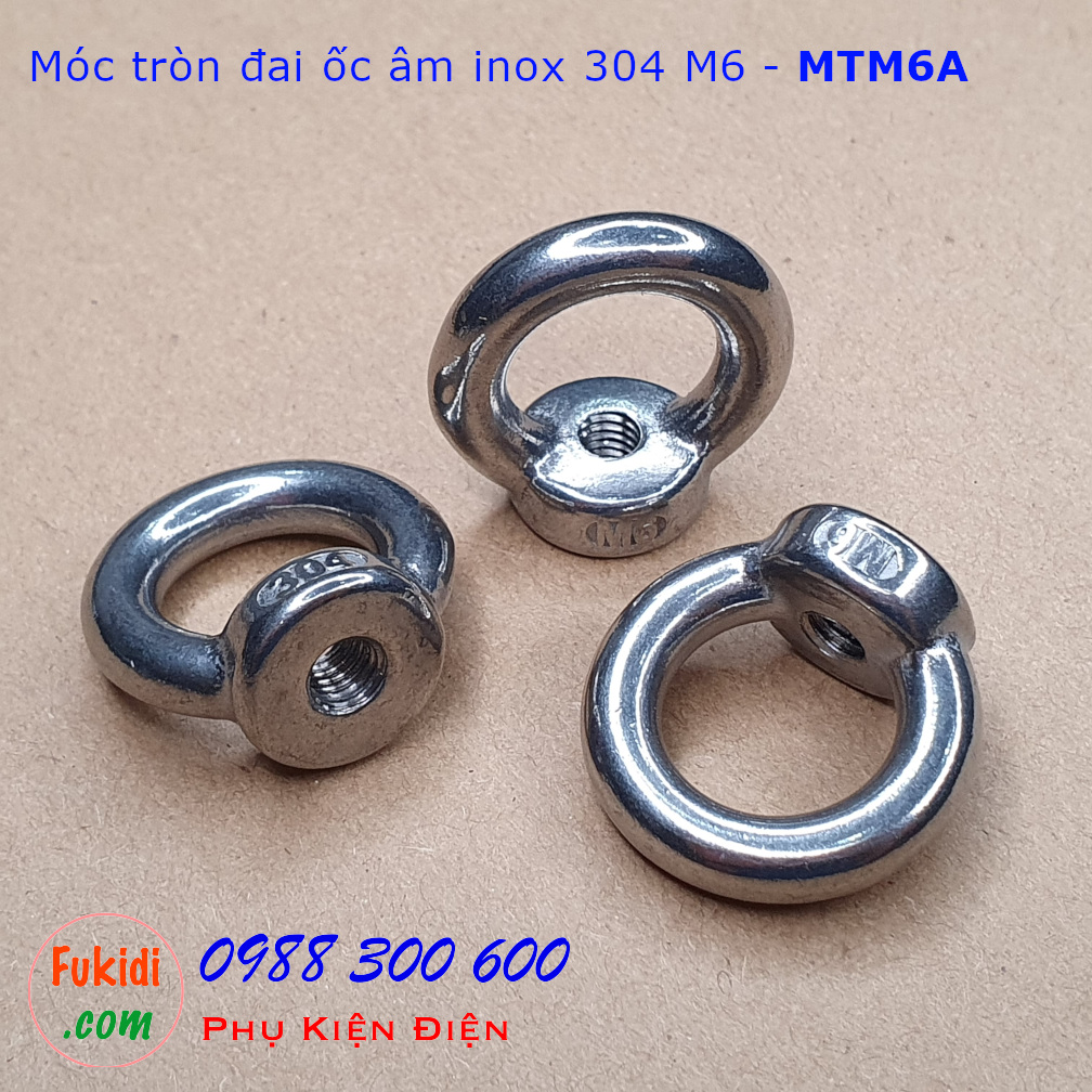 Móc tròn đai ốc, móc cẩu đai ốc âm inox 304 size M6 tải trọng 70kg - MTM6A
