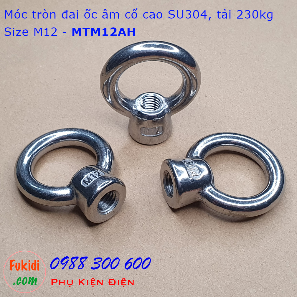 Móc tròn đai ốc, móc cẩu đai ốc âm inox 304 cổ cao M12 tải 220kg - MTM12AH