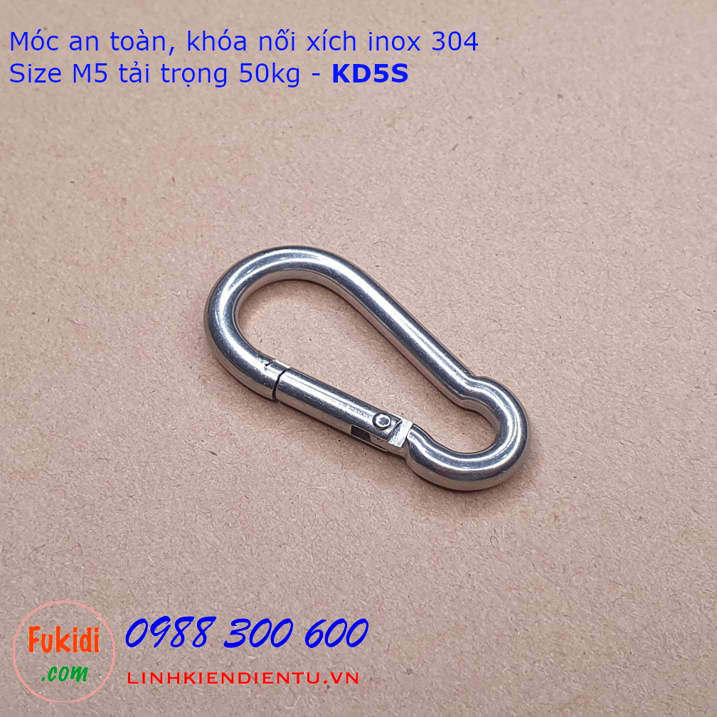 KD5S là móc dây an toàn hay khóa nối dây xích, dây cáp treo, chất liệu inox 304 cao cấp, kích thước M5 lực kéo tối đa 50kg, dùng làm móc nối dây cáp, móc nối dây xích thú nuôi