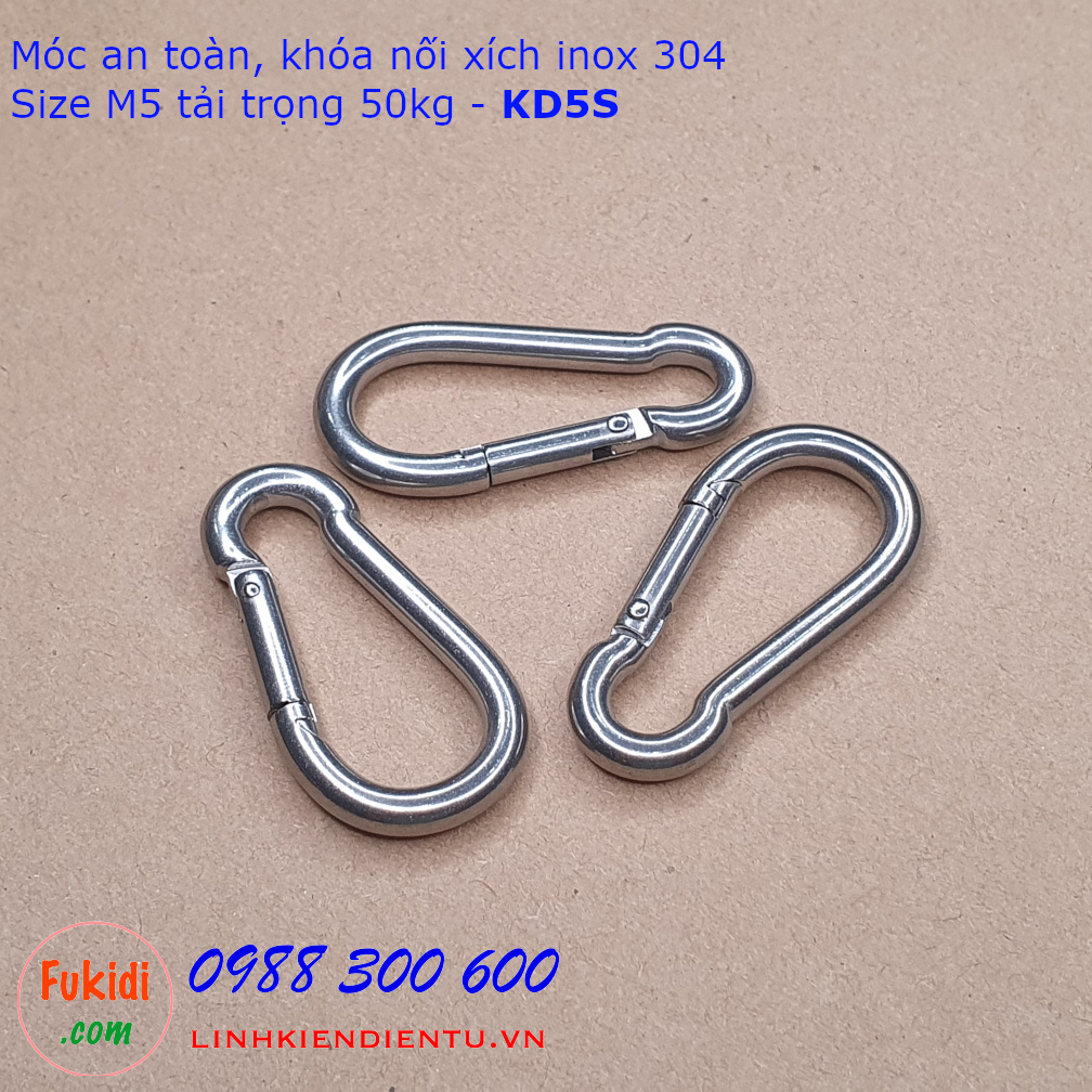 KD5S là móc dây an toàn hay khóa nối dây xích, dây cáp treo, chất liệu inox 304 cao cấp, kích thước M5 lực kéo tối đa 50kg, dùng làm móc nối dây cáp, móc nối dây xích thú nuôi