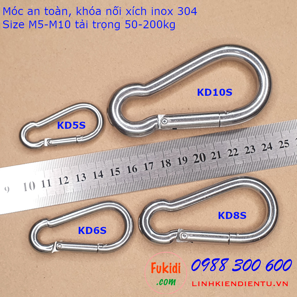 KD5S là móc dây an toàn hay khóa nối dây xích, dây cáp treo, chất liệu inox 304 cao cấp, kích thước M5 lực kéo tối đa 50kg, dùng làm móc nối dây cáp, móc nối dây xích thú nuôi