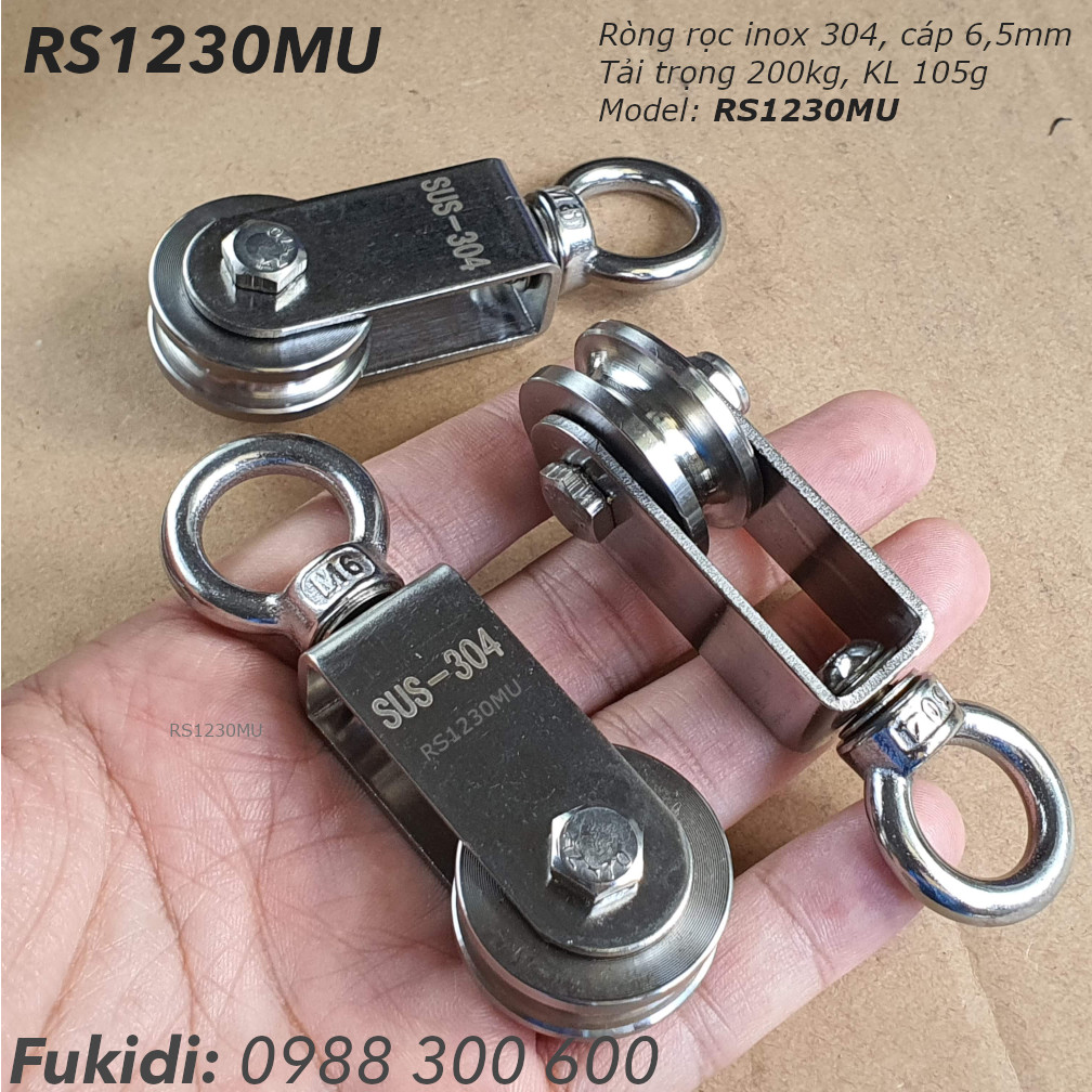 Ròng rọc inox 304, chạy cáp 6.5mm KT 12x30mm, tải 200kg - RS1230MU 