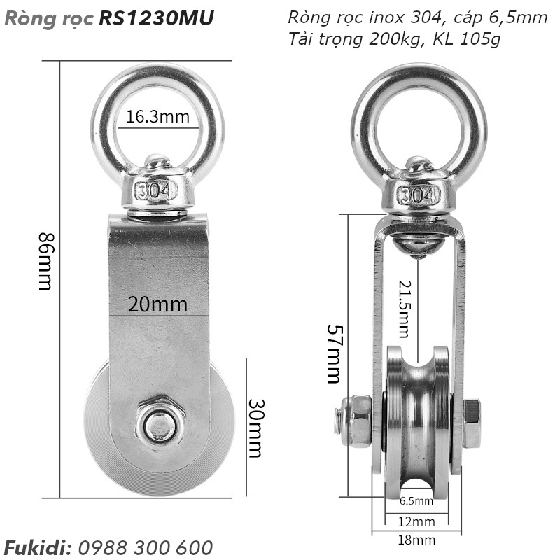 Ròng rọc inox 304, chạy cáp 6.5mm KT 12x30mm, tải 200kg - RS1230MU 