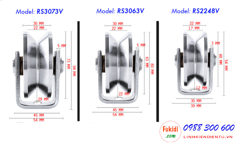 Chi tiết kích thước của bánh xe ray v inox 304 RS2248V, RS3063V và RS3073V